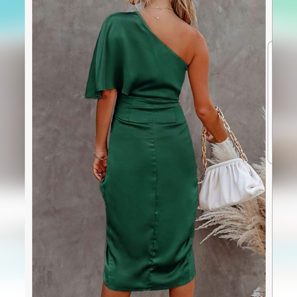 CUPSHE Women Satin Dress One Shoulder Midi High Low Hem green sz SMALL NWT party - Picture 2 of 2
